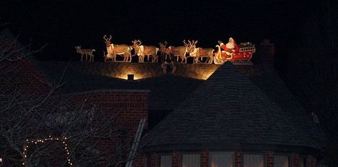 santa on sleigh for rooftop decorating | Santa, sleigh and reindeer, painted by muralist Paul Barker 2013 Christmas Rooftop Decorations, Santa On Roof Decoration, Sleigh And Reindeer Outdoor, Santa Sleigh In The Sky, Santa Sleigh Silhouette Grandin Road, Santa Sleigh Silhouette, Diy Santa’s Sleigh, Animated Christmas Lights, Santa With Reindeer