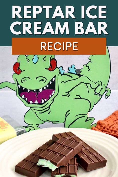 Reptar Bar Recipe Nickelodeon Recipes, Cartoon Desserts, Reptar Bars, Alcohol Candy, Ice Cream Bar Recipe, Bars At Home, 2000s Childhood, Disney Dishes, Themed Recipes