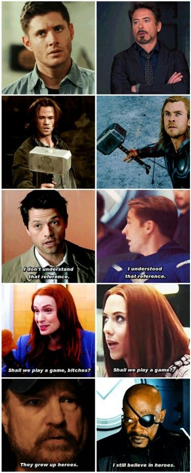 Supernatural/Avengers Crossover OMG Superwholock Crossovers, Supernatural Crossover, Amazon Prime Movies, Girl Truths, Funny Marvel, Fandom Crossover, Movie Facts, Supernatural Fans, Dc Memes