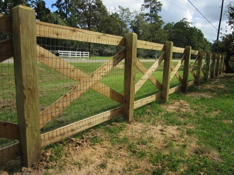 20. Crossbuck Wood with Wire Farm Fence Diy, Dog Yard Fence, Fences Ideas, Diy Backyard Fence, Diy Privacy Fence, Backyard Creations, Wood Fence Design, Country Fences, Rustic Fence