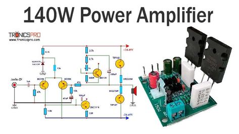 140W Audio Amplifier Circuit Diagram using TIP142 & TIP147 Audio Amplifier Circuit Diagram, Amplificador 12v, Synthesizer Diy, Amplifier Circuit Diagram, Amplificatori Audio, Electronics Projects For Beginners, Basic Electronic Circuits, Mini Amplifier, Amplifier Audio