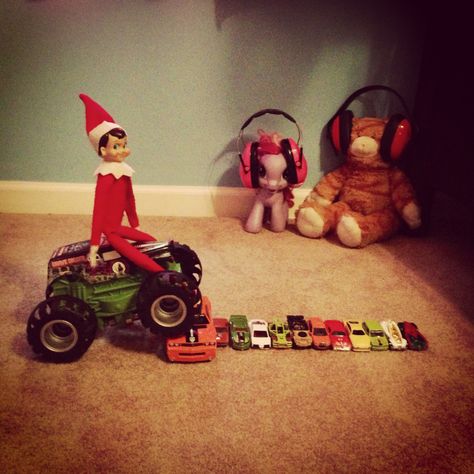 Elf on the Shelf Idea: Monster Truck Jam Monster Truck Jam, Elf Idea, Elf Shenanigans, Elf Ideas Easy, Timmy Time, Elf Shelf, Easy Elf, Awesome Elf On The Shelf Ideas, Elf Magic