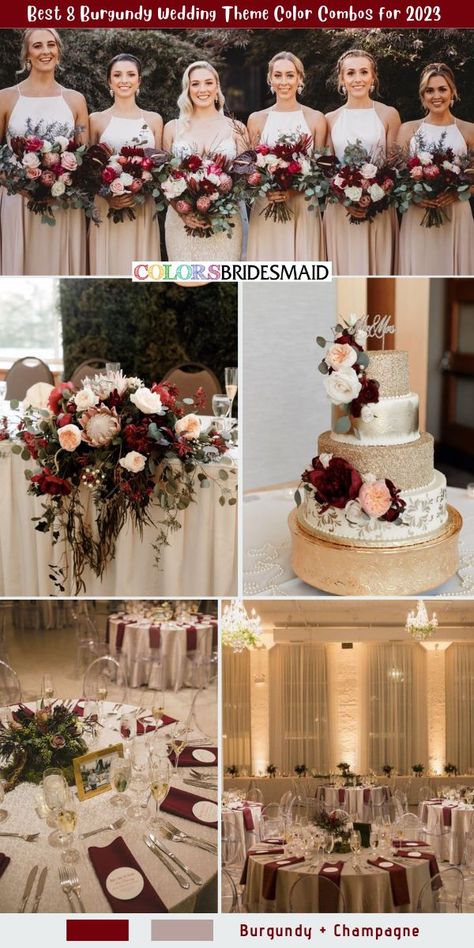 Burgundy Mauve Champagne Wedding, Wedding Burgundy And Champagne, Champagne And Burgundy Wedding Flowers, Champagne Gold And Red Wedding Theme, Burgundy Champagne Wedding Centerpieces, Wine And Champagne Wedding Colors, Beige And Burgundy Wedding, Burgundy And Champagne Wedding Decor, Maroon And Beige Wedding