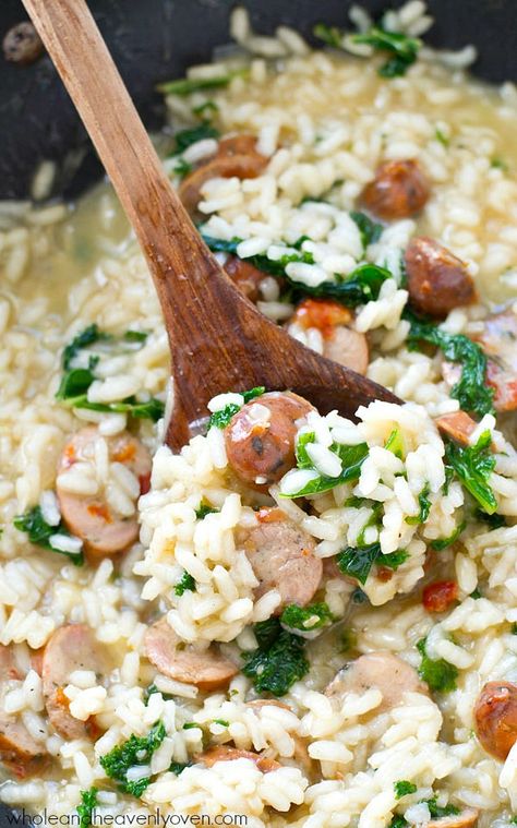 Creamy restaurant-style parmesan risotto loaded with plenty of sausage and kale, and made in one pot in only 30 minutes! Dinner is going to rock. @WholeHeavenly How To Melt Chocolate, Lemon Thyme Chicken, Sausage And Kale, Chicken Parmesan Meatballs, Sausage Kale, Parmesan Risotto, Chicken Fettuccine Alfredo, Baked Gnocchi, Easy Tomato Sauce