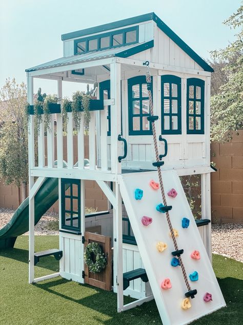 Playground House Ideas, Playground Makeover Diy Projects, Play Set Design Ideas, Kidkraft Cozy Escape Playhouse, Diy Fort With Slide, Outdoor Backyard Playground, Play Set Small Backyard, Custom Playhouse Outdoor, Backyard Design With Playset