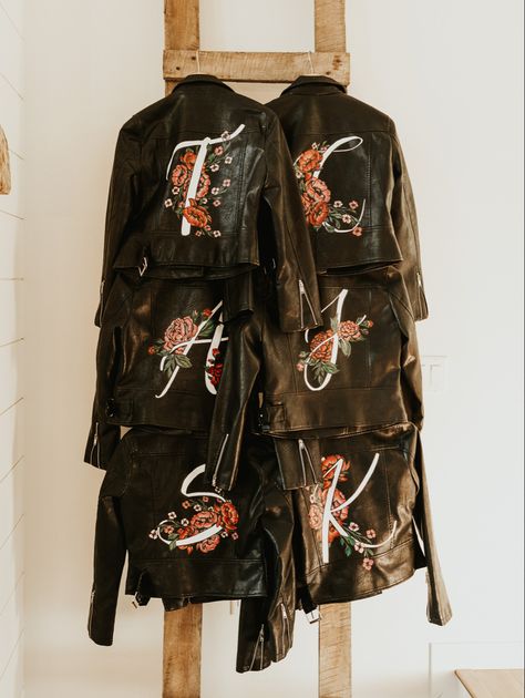 I hand painted leather bridal jackets for my bridal party and I for an extra special wedding keepsake. Bridal Party Leather Jackets, Bridal Party Jackets, Leather Wedding Jacket, Bride Leather Jacket, Horror Wedding, Bike Wedding, Fall Wedding Bridesmaids, Painted Leather Jacket, Bridal Shower Planning