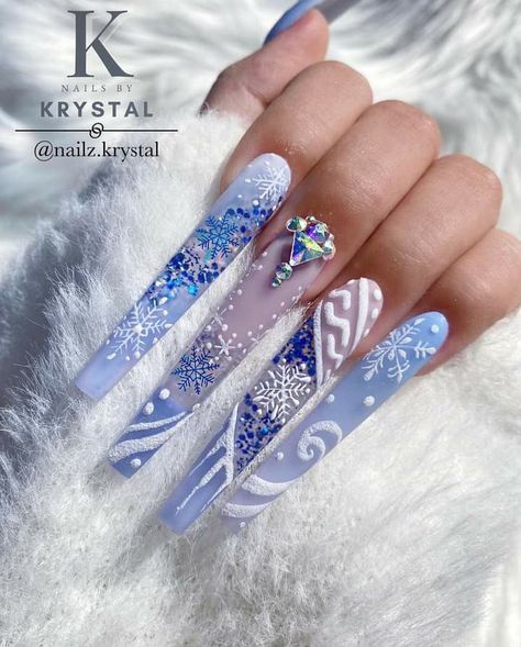 Blue Christmas Nails Winter Sparkle, Long Nail Designs Christmas, Glam Winter Nails, Winter Bling Nails, Winter Wonderland Nails Acrylic, Long Christmas Acrylic Nails, Christmas Long Nails, Christmas Bling Nails, Winter Nails Long