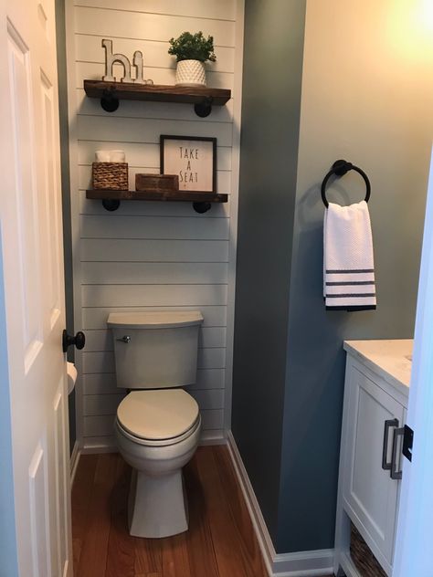 Shiplap Toilet Wall, Toilet Room Shiplap, Half Bath Shiplap Accent Wall, Bathroom Toilet Accent Wall, Shiplap Wall In Basement, Shiplap Wall Behind Toilet, Shiplap Bathroom Wall Behind Toilet, Bathroom Ideas Shiplap Wall, Bathroom With Just Toilet