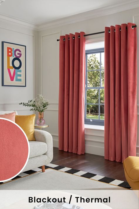 In chic matte velvet, these curtains drape beautifully for a sophisticated look, while simple eyelets make them easy to pair with your existing or chosen curtain pole. The standard lightweight lining adds an extra layer to the back of curtains to provide added durability and to help prevent fading over time. Or, opt for our Blackout Thermal lining, which has all the benefits of blackout but with an additional coating providing thermal properties and is ideal for all seasons. If you really want t Pink Blackout Curtains, All Girls School, Toddler Bedroom, Eyelet Curtains, Pink Curtains, Curtain Pole, Thermal Curtains, Sun With Sunglasses, Curtain Poles