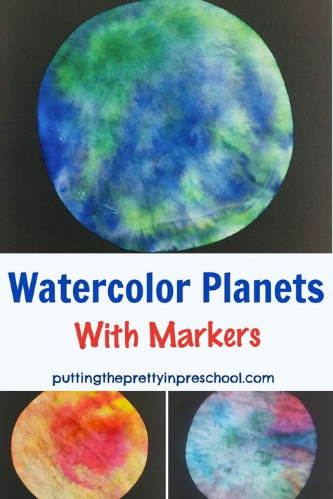 This stunning "watercolor planets with markers" art project is a must-try. It's an all-ages process art activity that displays well. Planets Art Preschool, Toddler Outer Space Crafts, Planet Art For Preschool, Planet Craft Preschool, Preschool Space Crafts Art Projects, Space Activities School Age, Space Art For Preschoolers, Outer Space Art Preschool, Earth Art Preschool