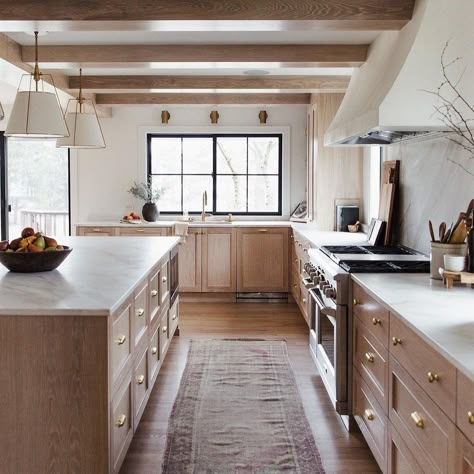 We love how this kitchen not only pairs our best-selling Conical Pendant with pieces from our Vernon Hardware Collection, but embraces the outdoors with elegant wood cabinetry and soft, warm whites. Design by cicada_co photo by shanleycox #myonepiece Kitchen Post, Kitchen Views, Kitchen Inspiration Design, Kitchen Stools, Counter Tops, Kitchen Inspo, Kitchen Reno, House Kitchen, Wood Cabinets