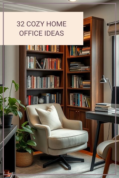 Explore creative home office ideas, including a cozy reading nook with a chair, bookshelf, and small desk for an inspired work ethos. Bookshelf In Home Office, Small Library And Office Room, Cozy Library Office Ideas, Small Home Library Office Study, Small Office With Bookshelves, Home Office And Library Ideas, Small Library Office Room Ideas, Bookshelf Desk Combo, Office With Reading Nook