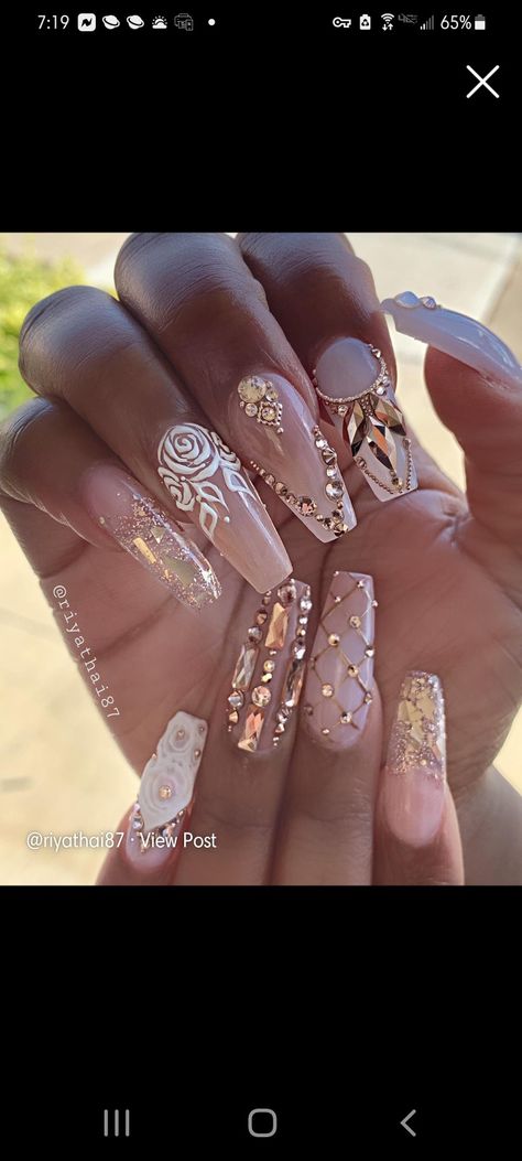 Rose Gold Glam Nails, Beauty And The Beast Nails Acrylic Quince, Beauty And The Beast Wedding Nails, Quinceanera Nails Pink And Gold, Pink Rose Gold Quince Nails, Rose Gold Quince Nails, Beauty And The Beast Nails Designs, Beauty And The Beast Nails Acrylic, Quince Nails Rose Gold Butterfly