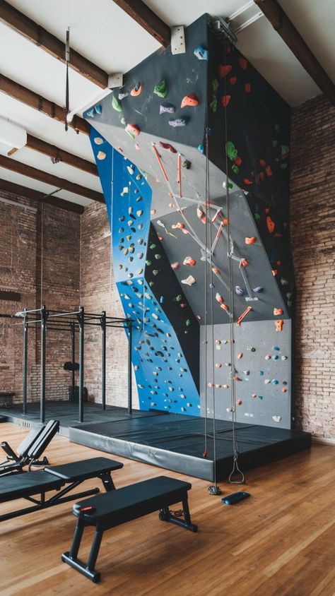 Transform your loft into a climber's dream with a full rock climbing wall and exposed brick for an industrial aesthetic. This home gym combines adventure with urban style, perfect for climbing enthusiasts looking for a dynamic workout space. #RockClimbingGym #LoftGym #ClimbingWall #IndustrialDesign #HomeGymInspo Climbing Wall Architecture, Rock Climbing Gym Design, Indoor Rock Climbing Aesthetic, Home Climbing Gym, Home Rock Climbing Wall, Loft Gym, Climbing Wall Design, Rock Climbing Aesthetic, Climbing Aesthetic