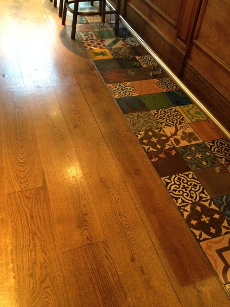 Wood and eclectic tile flooring combined, upstairs in restaurant in Winchester. Moroccan style tiles? Interesting idea! Eclectic Hallway, Floor Tile Ideas, Eclectic Tile, Style Tiles, Kitchen Floor Tiles Ideas, Printed Tile, Wood Tile Floors, Wooden Tile, Eclectic Kitchen