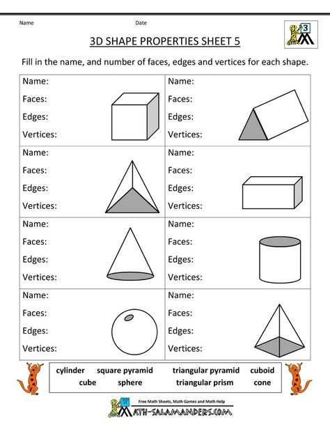 Third Grade Geometry, Math Basics, Kindergarten Geometry, Math Shapes, 3d Shapes Worksheets, Writing Comprehension, Shapes Worksheet Kindergarten, Shapes Kindergarten, Shape Chart