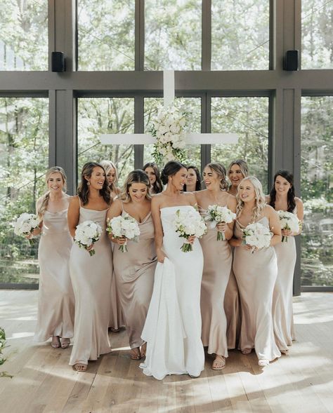 Birdy Grey Satin Taupe, Mallards Croft Wedding, Formal Bridesmaid Dresses, Bridesmaids Flowers, Glass Chapel, Simple Spaghetti, Formal Bridesmaids Dresses, Champagne Bridesmaid Dresses, Champagne Bridesmaid