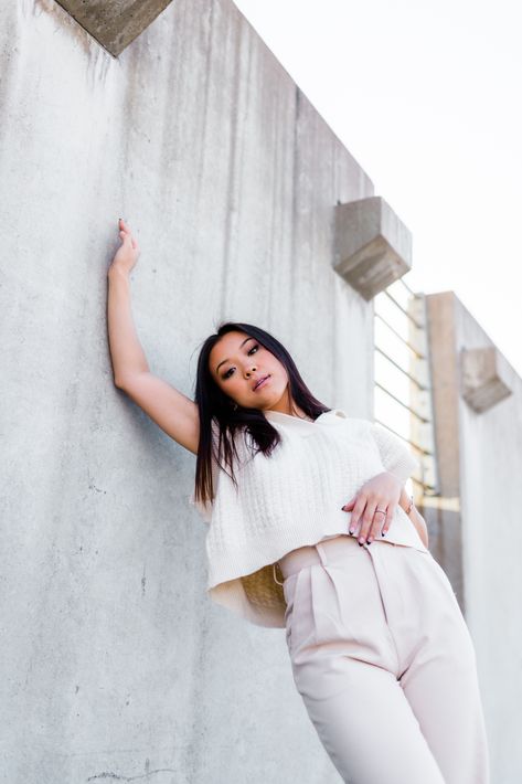 woman posing against parking garage wall Parking Fashion Photography, Content Poses, Parkade Photoshoot, Top Of Parking Garage Photoshoot, Industrial Photoshoot Ideas, Parking Deck Photoshoot, Parking Garage Photoshoot Night, Photoshoot Location Ideas, Garage Photoshoot