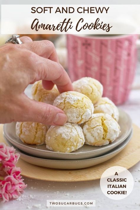 Soft Amaretti Cookies ~ Italian chewy almond cookies with a slightly crisp exterior and a soft, marzipan-like center. A gluten free cookie perfect for almond lovers! ~ Recipe on twosugarbugs.com Marzipan Cookies Recipe, Soft Amaretti Cookies, Best Italian Cookie Recipe, Chewy Almond Cookies, Gluten Free Almond Cookies, Amaretti Cookie Recipe, Oreo Cookie Dough, Easy Dessert Bars, Italian Almond Cookies