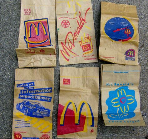 https://flic.kr/p/xMe3nh | 1990s McDonalds bags | Ive been raiding this "bagster" in my town - lots of weird stuff - there is a cranky old man across the street - so Ive been absconding with whole bags of trash and sorting them later - yesterday I got a lot of McDonalds bags 1990s Mcdonalds, Mcdonald's Aesthetic, Mcdonalds Birthday Party, 90s Stuff, Paper Bag Design, Food Fast, Mcdonalds Toys, 90s Childhood, Design Posters