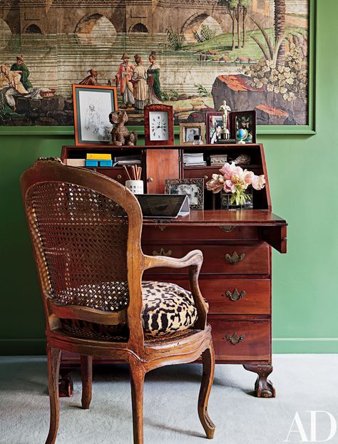 Manhattan Apartment, English Decor, Cane Chair, Antique Desk, Traditional Bedroom, A Desk, Book Shelf, A Chair, Architectural Digest