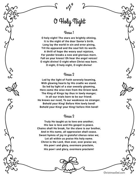 Free printable lyrics for O Holy Night. Download them at https://christmasowl.com/download/lyrics/o-holy-night/ O Holy Night Lyrics, Oh Holy Night Lyrics, Holy Night Christmas Decor, Holy Night Lyrics, Christmas Song Lyrics, Christmas Carols Lyrics, Christmas Carols Songs, Night Lyrics, Christmas Songs Lyrics