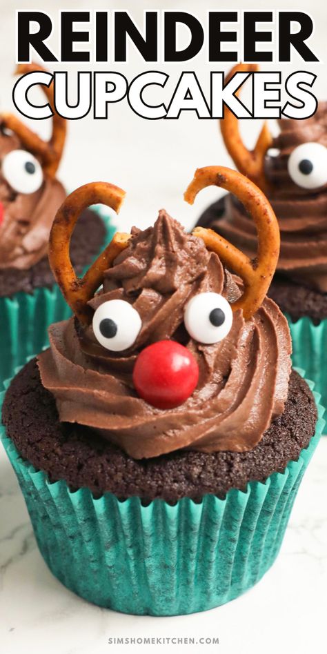 Reindeer Cupcakes Easy Christmas Cupcakes, Reindeer Cupcakes, Christmas Cupcakes Recipes, Delicious Cupcakes Recipes, Holiday Cupcakes, Christmas Recipe, Different Cakes, Chocolate Cake Mixes, Christmas Cupcakes