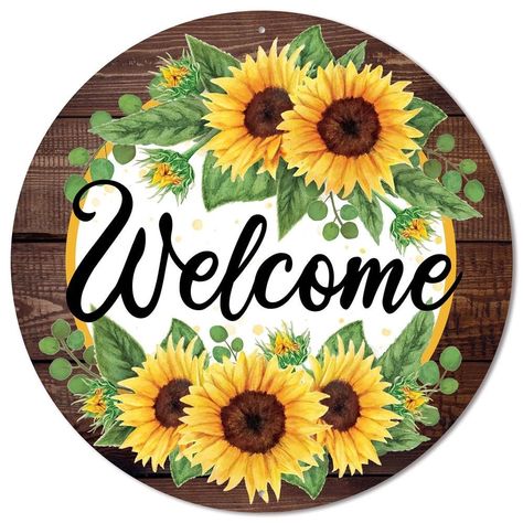 "12\"Dia Welcome with Sunflower with Wood Border Color: Yellow / Moss / Brown / White/ Black Material: Metal Is there any happier flower than a sunflower? This sign is the perfect welcoming piece to brighten your guests moods! Consider making this sign a wreath centerpiece and include some leaves, sprays, and of course, sunflowers!" Retro Kunst, Wreath Making Supplies, Sunflower Wreath, Sunflower Wreaths, Happy Flowers, Welcome Wreath, Fall Signs, Retro Decor, Wreath Sign