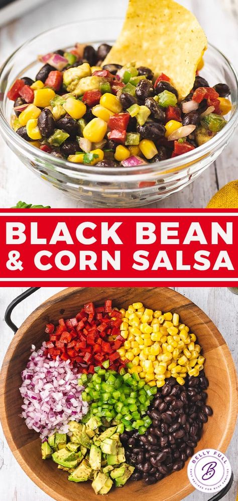 This super easy Black Bean and Corn Salsa is the combination of amazing flavors and colors, filled with beans, fresh veggies, and a zesty dressing. It comes together in minutes and is perfect to bring to a backyard summer BBQ or year-round potluck. Everyone loves it! Black Salsa, Bean Corn Salsa, Black Bean And Corn Salsa, Corn Bean Salsa, Black Bean Corn Salsa, Fresh Salsa Recipe, Black Bean And Corn, Black Beans Corn, Corn Relish