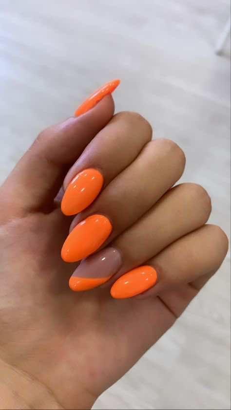 Bright Summer Nails Colors, Neon Nails One Color, Simple Summer Nails Neon, Cute Neon Acrylic Nails, Summer Nails Ideas Acrylic Bright Colors Neon, Summer Gel Nails Ideas Short Almond, Round Neon Nails, Gel Nails Ideas Orange, Neon Nail Ideas Bright Colors Gel