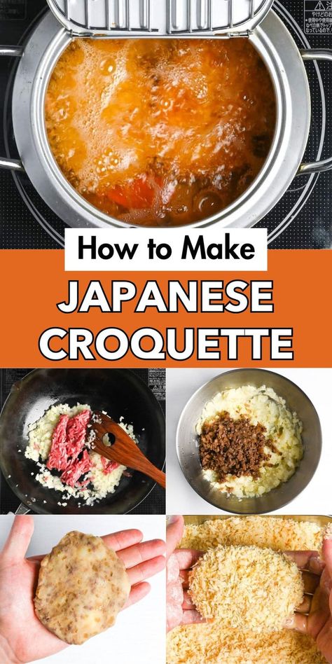 A pin image showing a step-by-step process on how to make Japanese Potato Croquette. It captures various stages from cooking, such as frying croquettes in a wire basket submerged in hot oil, sautéing minced meat with onions, mixing the cooked ingredients with mashed potatoes, shaping the mixture into oval patties, and finally coating them in breadcrumbs. The images provide a clear visual guide to creating this popular dish, showcasing each important phase to ensure a delicious and crispy result. Easy Sushi Recipes Homemade, Japanese Potato Croquettes, Korokke Recipe, Japanese Croquette, Japanese Meat, Potato Croquette, Potato Croquette Recipe, The Best Potatoes, Best Potatoes