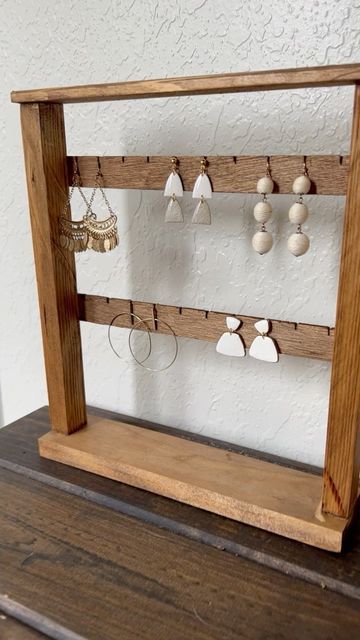 Mckinley Blake Interiors on Instagram: "Black or Wood tones?? Anyone else obsessed with earrings as much as I am?! @hopeclay_ inspired me to make a display so I have something to display all of the earrings I am buying from her 😅 Comment below your favorite one!! I can’t decide on my favorite 🙈 #jewelryaddict #earringdisplay #earringstand #diyearringholder #diyprojects #funwoodworking #woodworkingmom #woodworkingwoman #diycommunity #afternoonproject #earringholder #mckinleyblakeinteriors" Diy Earring Holder, Long Earring, Earring Organizer, Earring Stand, Wood Tones, Earring Holder, Earring Display, Display Rack, Jewelry Storage