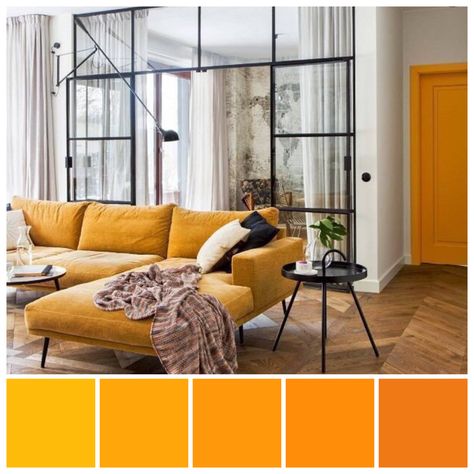 Lucja Szwedo’s apartment in central Warsaw features saturated yellow and orange  design accents nested within a neutral colour scheme. Analogous colour palette illustration by Zena O’Connor. Image credit: Inrichting-Huis.com, October 2017. Analogous Color Scheme Interior Design, Analogous Colour Scheme Interior, Yellow Orange Interior Design, Orange Analogous Color Scheme, Analogous Colour Scheme Interior Design, Analogous Color Scheme Interior, Rustic Orange Colour Palette, Personal Branding Logo Design, Brand Colour Schemes