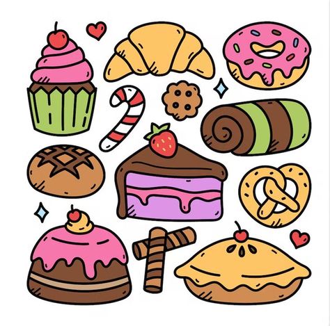 Bakery Doodle Art, Food Doodle Art Illustrations, Sweets Drawing Easy, Baking Art Illustration, Baked Goods Drawing, Cake Doodle Drawing, Sweets Doodles, Bakery Doodles, Dessert Doodles