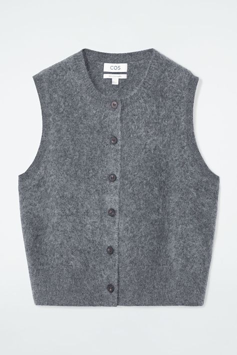 Explore The COS Autumn Winter 2024 Runway Grey Knit Vest, Belted Cape, Button Front Sweater, Grey Vest, Denim T Shirt, Vest Shirt, Natural Resources, Classic Dress, Knit Vest