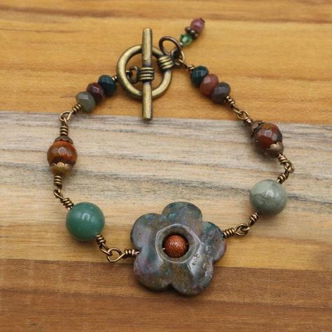 Boho Flower Bracelet Green & Rust Gemstone Bracelet Earthy | Etsy Dream Bracelet, Brown Bracelet, Hippie Bracelets, Brass Bracelet, Bohemian Bracelets, Funky Jewelry, Beaded Choker Necklace, Flower Bracelet, Beads And Wire