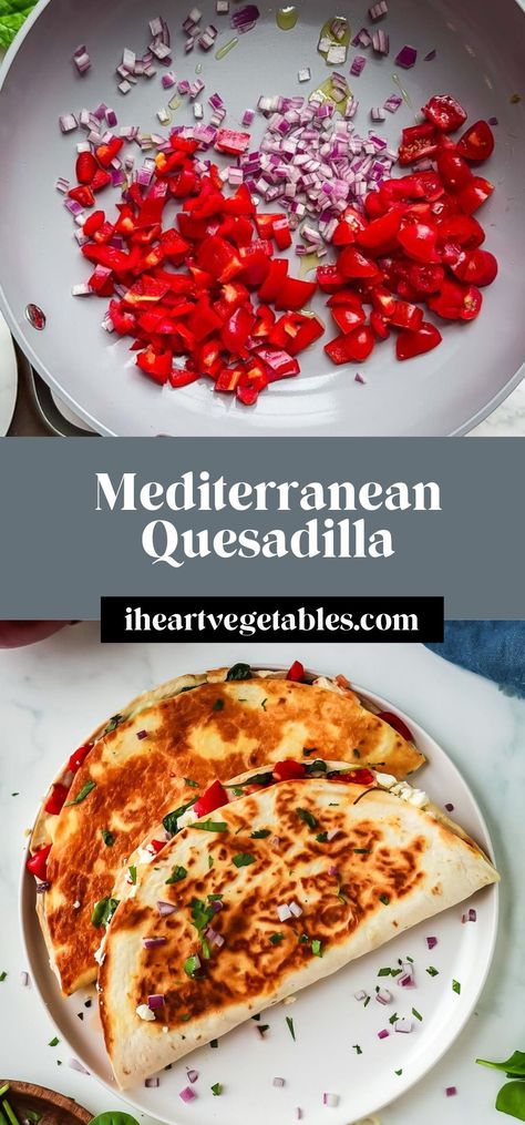 These Mediterranean quesadillas are a healthier twist on a classic recipe. Filled with salty feta, creamy mozzarella, and plenty of veggies, these quesadillas are a tasty meatless meal! Galveston Diet Recipes, Mediterranean Quesadilla, Recipes Quesadillas, Quesadilla Vegan, Baked Quesadilla, Keto Wraps, Veggie Quesadilla, Sunday Meals, Keto Savory