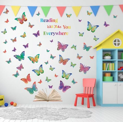 Wall Decor For Preschool Classroom, Reading Will Take You Everywhere, Reading Nook Wall Decor, Reading Classroom Decorations, Library Playroom, Classroom Library Decor, Butterfly Classroom Theme, Wall Art For Classroom, Art For Classroom