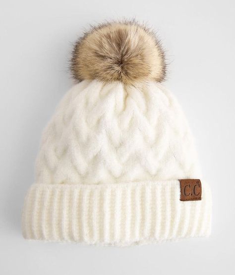 C.C® Faux Fur Pom Beanie - White , Women's Ivory Cable knit beanie One size fits most. Knit: 56% Acrylic, 40% Nylon, 4% Spandex. Pom: 100% Faux Fur. Hand wash cold. Do not bleach. Do not tumble dry. Do not iron. Do not dry clean. Apparel & Accessories > Clothing Accessories > Hats Cute Winter Hats Aesthetic, Cute Winter Hats For Women, Winter Beanies For Women, Winter Hat Aesthetic, White Winter Hat, Shifting Closet, Hat For Winter, Cute Winter Hats, Winter Caps