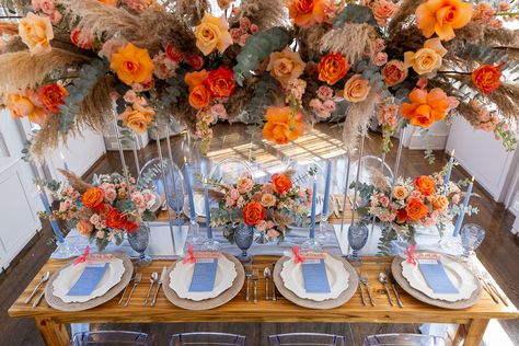 undefined Bright Color Wedding Theme Decor, Orange Yellow Blue Aesthetic, Square Wedding Tables, Blue And Orange Wedding, Blue Pampas, Blue Orange Weddings, Orange Wedding Decorations, Analogous Colors, Wedding Reception Design