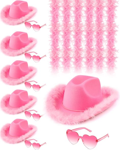 PRICES MAY VARY. felt and non woven fabric Imported Drawstring closure Hand Wash Only What You Will Receive: the package contains 6 pieces of pink cow girl hats, 6 pieces of pink heart glasses and 6 pieces of pink feather boas, 18 pieces in total, complete in combination to meet your wearing needs, and also allows you to share with your friends Reliable Material: our pink feather cowboy hat is made of felt and non woven fabric, which is reliable in quality, not easy to fade, deform, tear and bre Bachelorette Party Pink, Pink Boa, Western Bachelorette Party, Cowgirl Halloween Costume, Rodeo Gifts, Western Bachelorette, Cowboy Theme Party, Pink Bachelorette Party, Cowgirl Bachelorette Parties