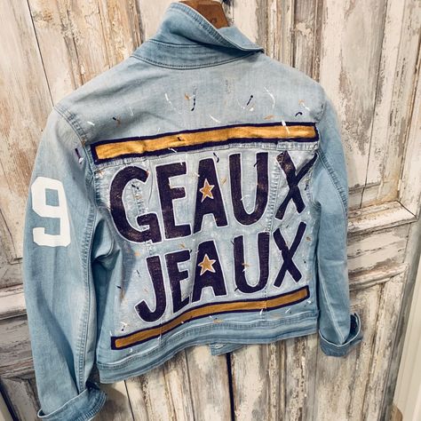 The Jacket Is Good Quality; Soft Jean Material. Custom Made For Lsu Fans. Painted Jean Jacket, Lsu Fans, Custom Denim Jacket, Geaux Tigers, Oklahoma State University, Custom Denim, Painted Jeans, Blue Jean Jacket, Oklahoma Sooners