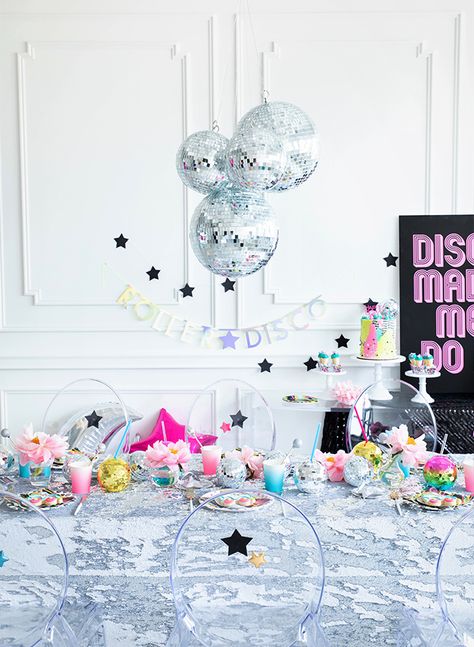 Vibey Birthday Party, Girly Disco Party, Disco First Birthday Party, Kids Disco Party, Roller Disco Party, Roller Skating Birthday Party, Diy Disco Ball, Roller Skate Birthday Party, Roller Skate Birthday