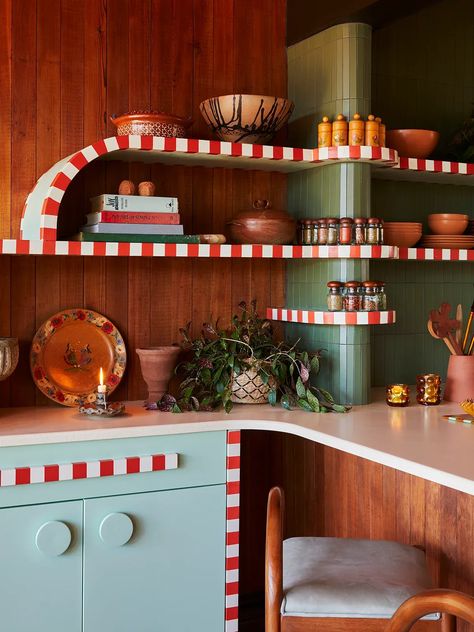 Butcher Block Countertops Island, Hand Painted Kitchen, Terracotta Floor, Carpet Cover, Kitschy Kitchen, Island Countertops, Painted Kitchen, Spice Storage, Low Cabinet