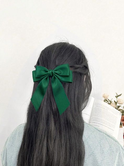 Dark Green  Collar  Polyester Plain  Embellished   Women Accessories Green Bow Hair Clip, Dark Green Hair Accessories, Aerial Gymnastics, Dark Green Hair, Halloween Hair Clips, Girls With Black Hair, Character Inspired Outfits, Green Accessories, Bow Hairstyle