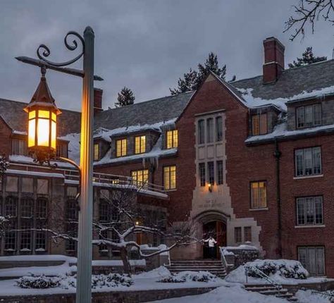 North neighborhood during the winter looks straight out of a scene from Harry Potter. Michigan State University Campus, East Lansing Michigan, American Cafe, Msu Spartans, University Architecture, Lansing Michigan, Michigan Football, College Aesthetic, East Lansing