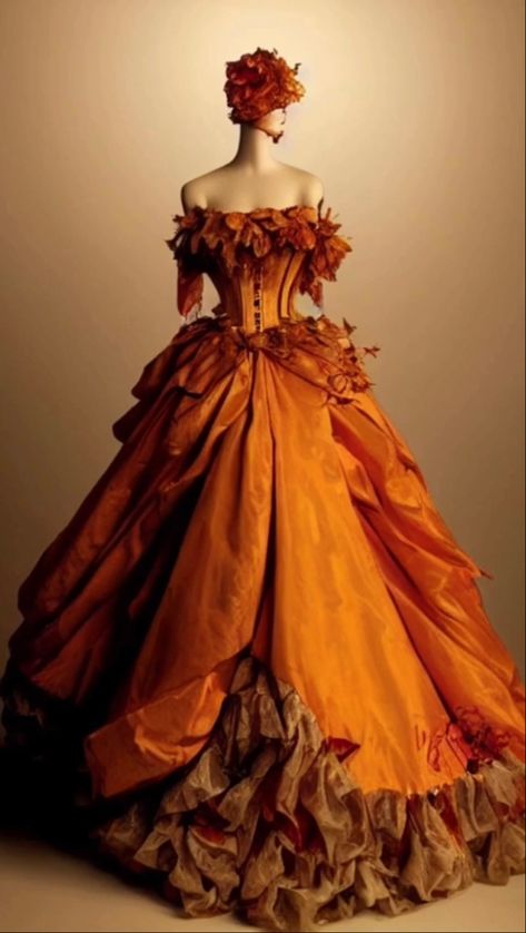 Autumn Fantasy Dress, Autumn Ball Gown, Autumn Court Fashion, Autumn Court Dress, Autumn Gown, Fantasy Ballgown, Autumn Ball, Drag Outfits, Orange Formal Dresses