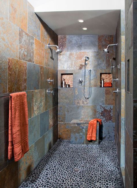 This Modern walk in, barrier free, spa-like shower has "His and hers" shower heads, alcoves, and a handheld. The Brazilian slate and charcoal pebbles give this watery environment a very earthy feel. Dream Bathrooms Master Baths, Double Showers, Slate Shower, Modern Master Bath, Pebble Floor, Bathroom Showers, Cabin Bathrooms, Master Shower, Master Bath Ideas