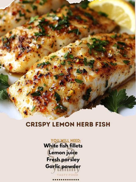 🍋 "Try this light and crispy lemon herb fish that’s bursting with flavor—perfect for a quick, tasty meal!" 🐟🍽 #CrispyFish #LemonHerb Crispy Lemon Herb Fish Ingredients: White fish fillets (4) Lemon juice (2 tbsp) Fresh parsley, chopped (2 tbsp) Garlic powder (1 tsp) Paprika (1 tsp) Flour (1/2 cup) Olive oil (2 tbsp) Salt (1/2 tsp) Black pepper (1/4 tsp) Lemon wedges (for garnish) Instructions: Drizzle fish with lemon juice and season with parsley, garlic powder, paprika, salt, and pepper.... Sweet Chili Sauce Recipe, Lemon Fish, Fish Fillets, Lemon Herb, White Fish, Lemon Wedge, Church Events, Sweet Chili Sauce, Fish Fillet