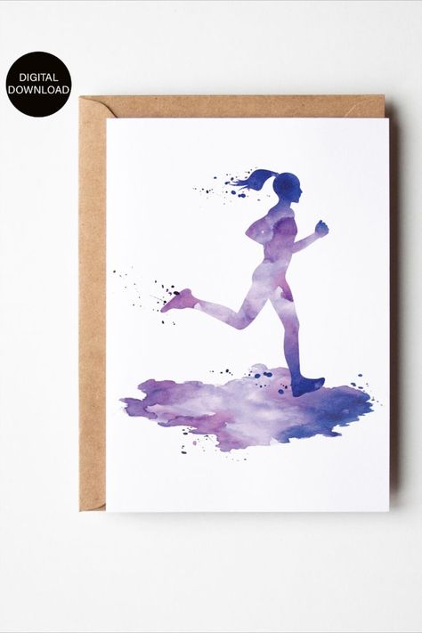 Blue and Purple Watercolor Running Woman, Printable Greeting Card, Digital Download. Send this card to your favorite runner! For any occasion - Say Congratulations, Good Luck on your race, Wow you run fast, or Congrats on your Half Marathon! Running Woman, Painted Cards, Watercolor Woman, Just Because Cards, Say Congratulations, Run Fast, Good Luck Cards, Congrats Card, Watercolor Card